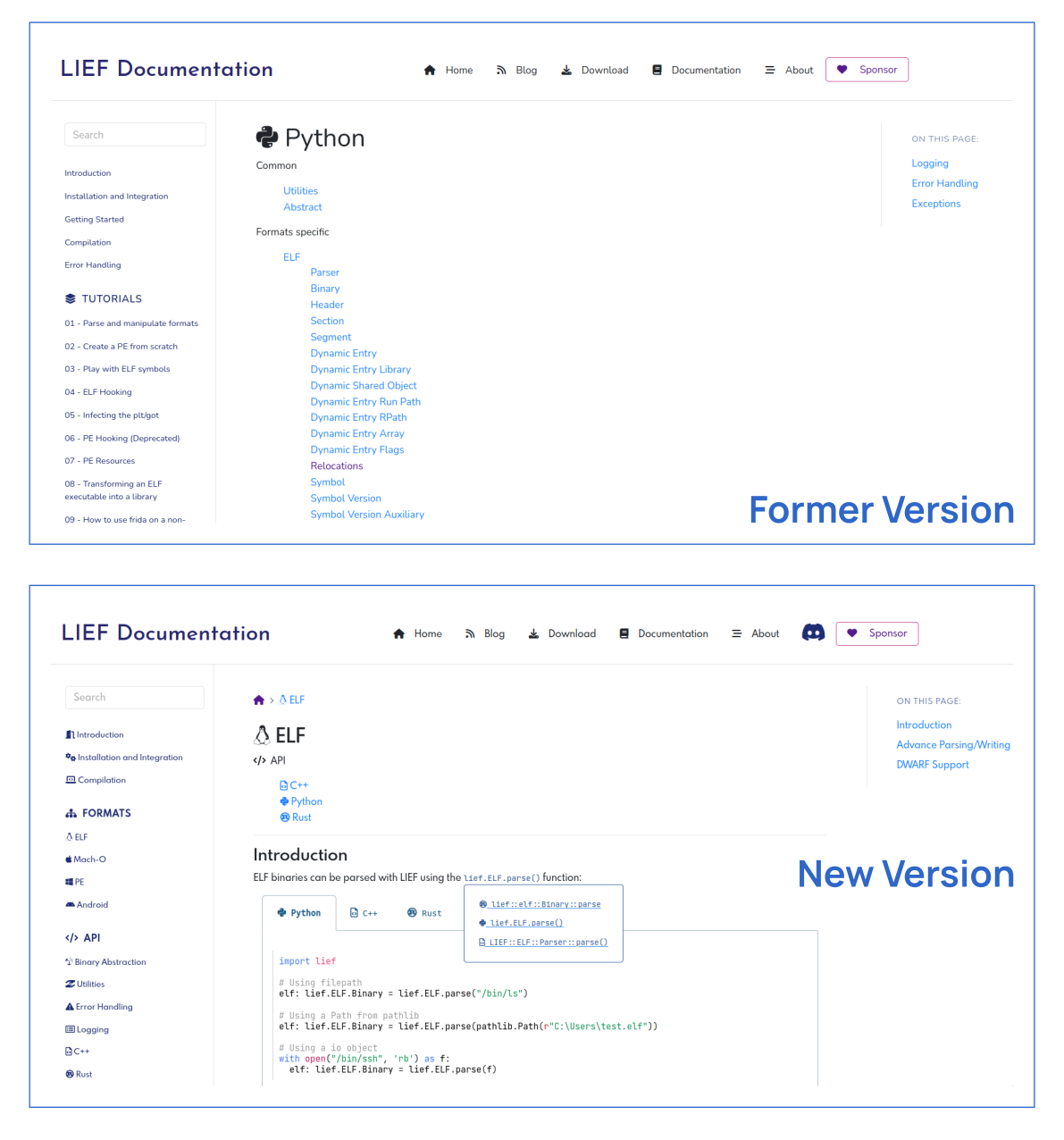 Documentation layout changes