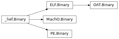 Inheritance diagram of lief.Binary, lief._lief.PE.Binary, lief._lief.Binary, lief._lief.ELF.Binary, lief._lief.OAT.Binary, lief._lief.MachO.Binary